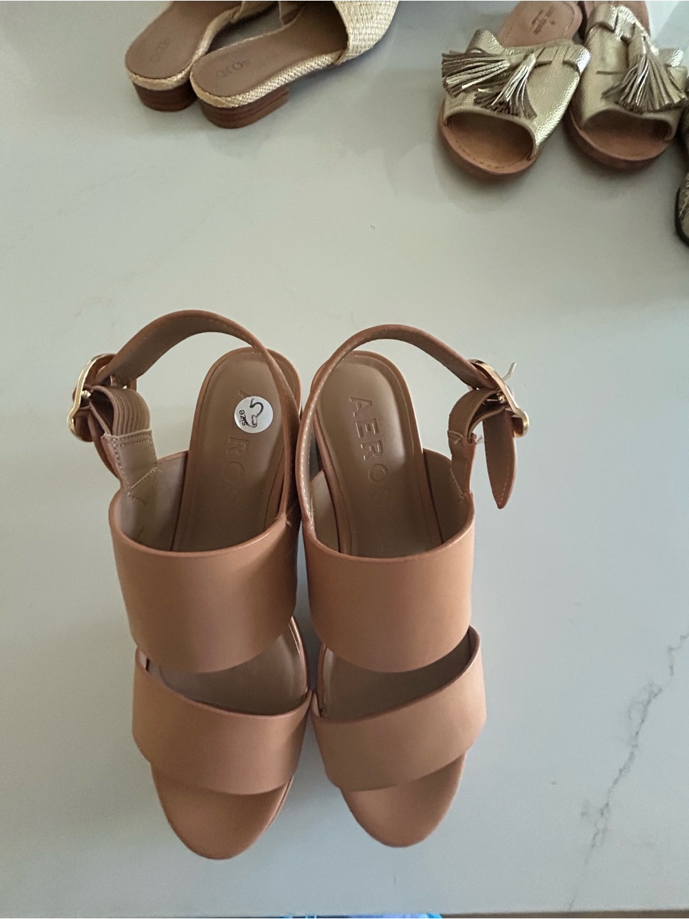 AEROSOLES Tan Double-Band Block Heel Sandals with Ankle Buckle